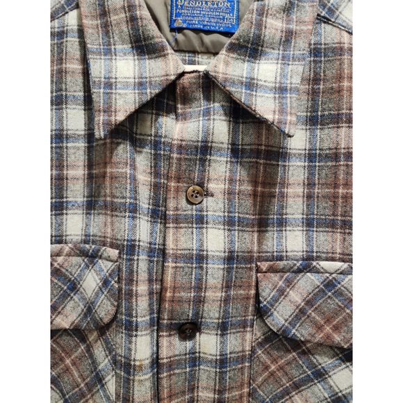 Vintage 1960 60s Pendleton Wool Board Flannel Plaid Loop Collar Flap Pockets L - Picture 3 of 8